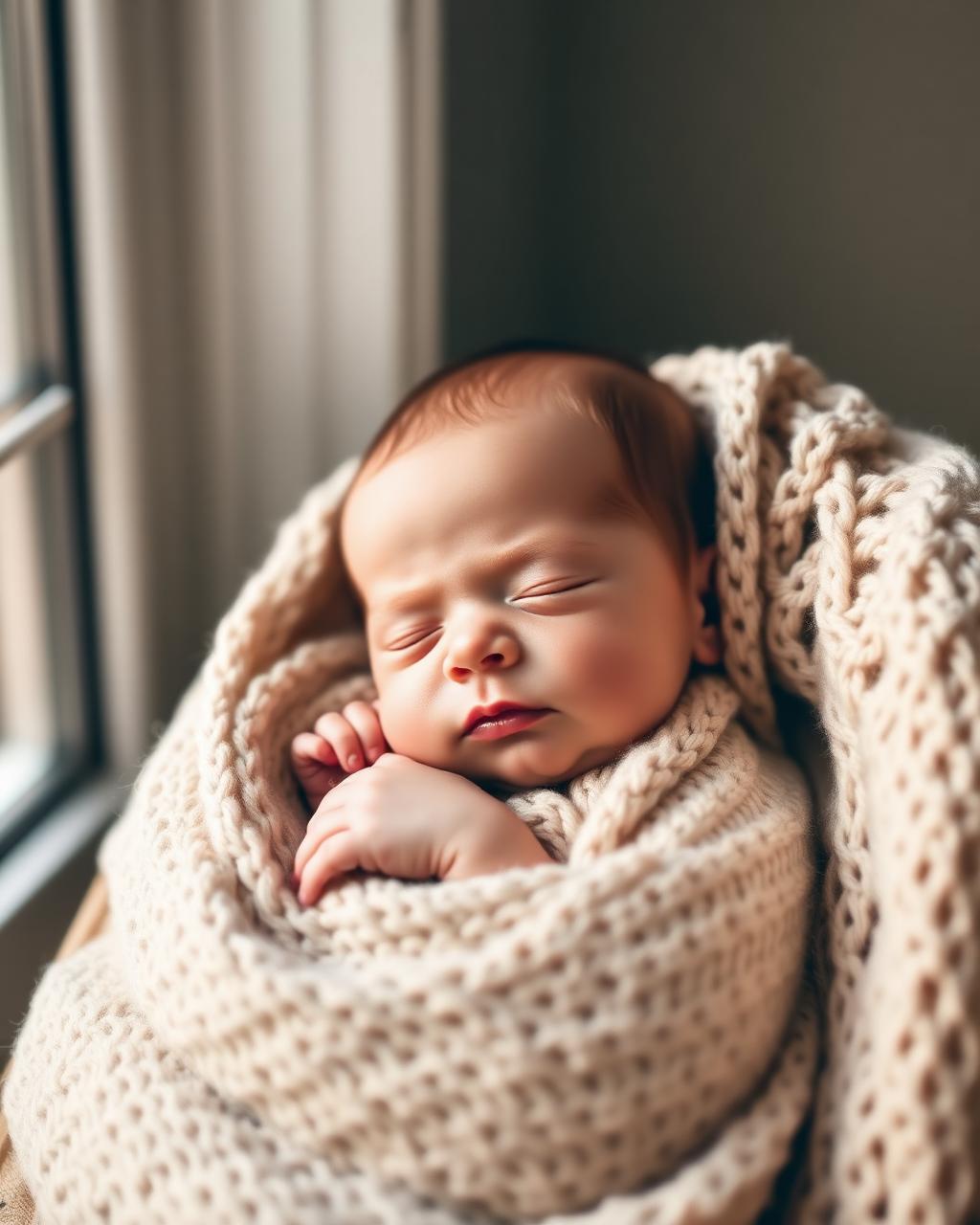 Pasgeboren baby slapend in een crème gebreide deken