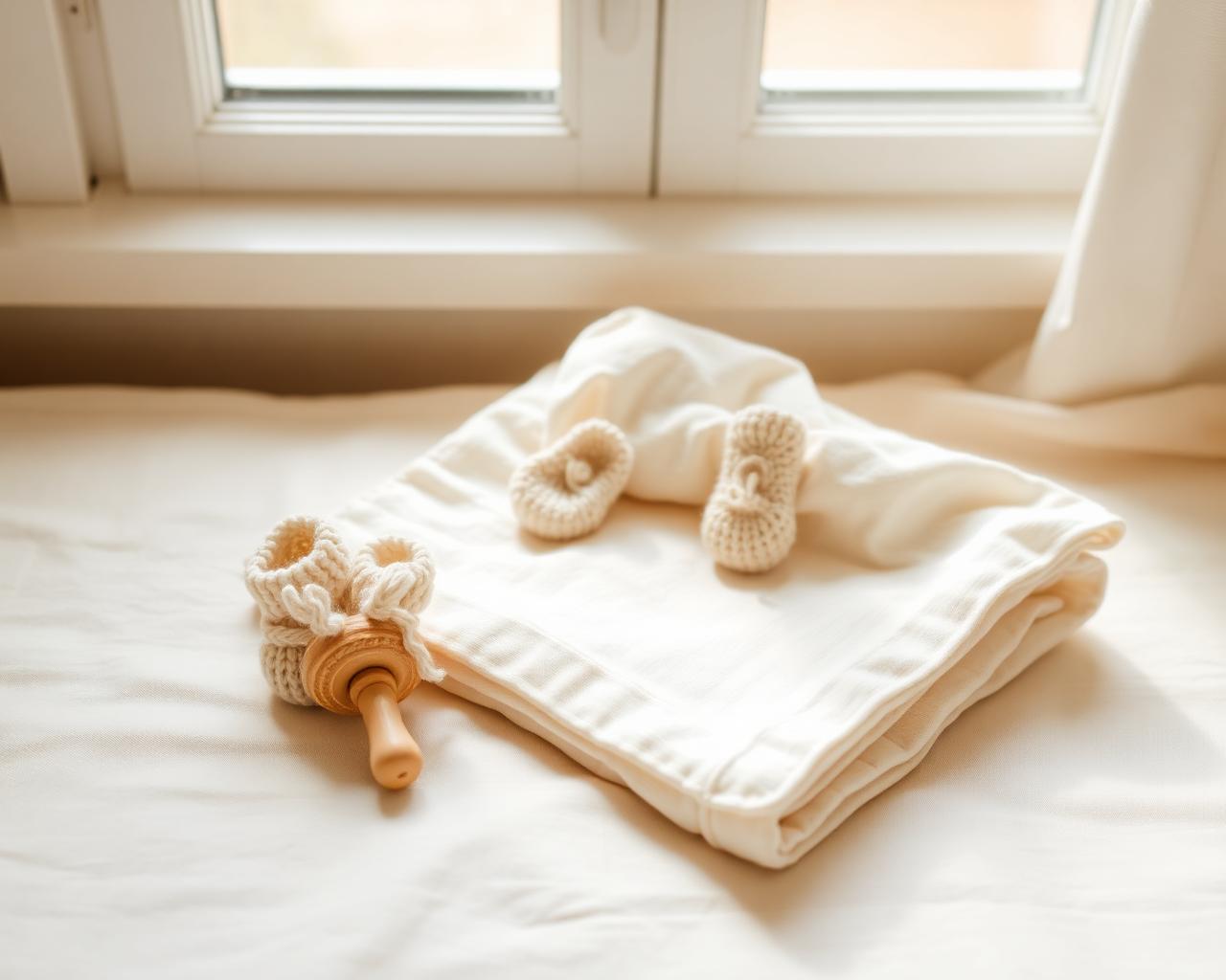 Kleine babyslofjes, houten rammelaar en muslin doek bij het raam