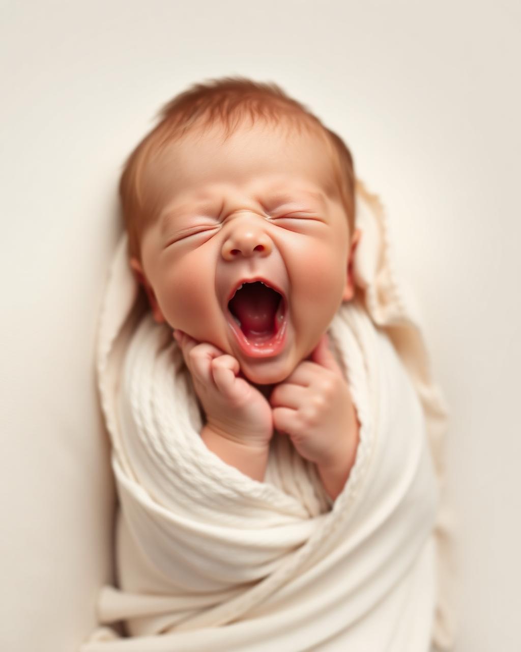 Pasgeboren baby geeuwend, ingebakerd in witte doek
